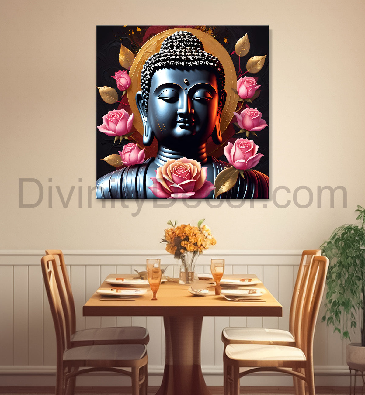 Buddha face with lotuses in textured background  24x24 inch Buddha-S-198