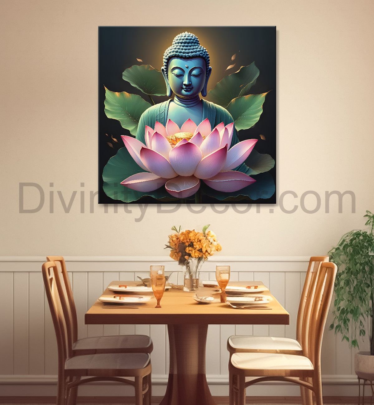 Buddha with lotuses in textured background 24x24 inch Buddha-S-199