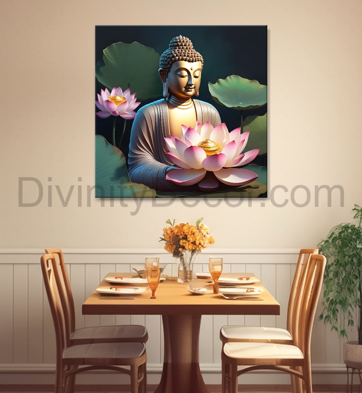 Buddha with lotuses in textured background 24x24 inch Buddha-S-200