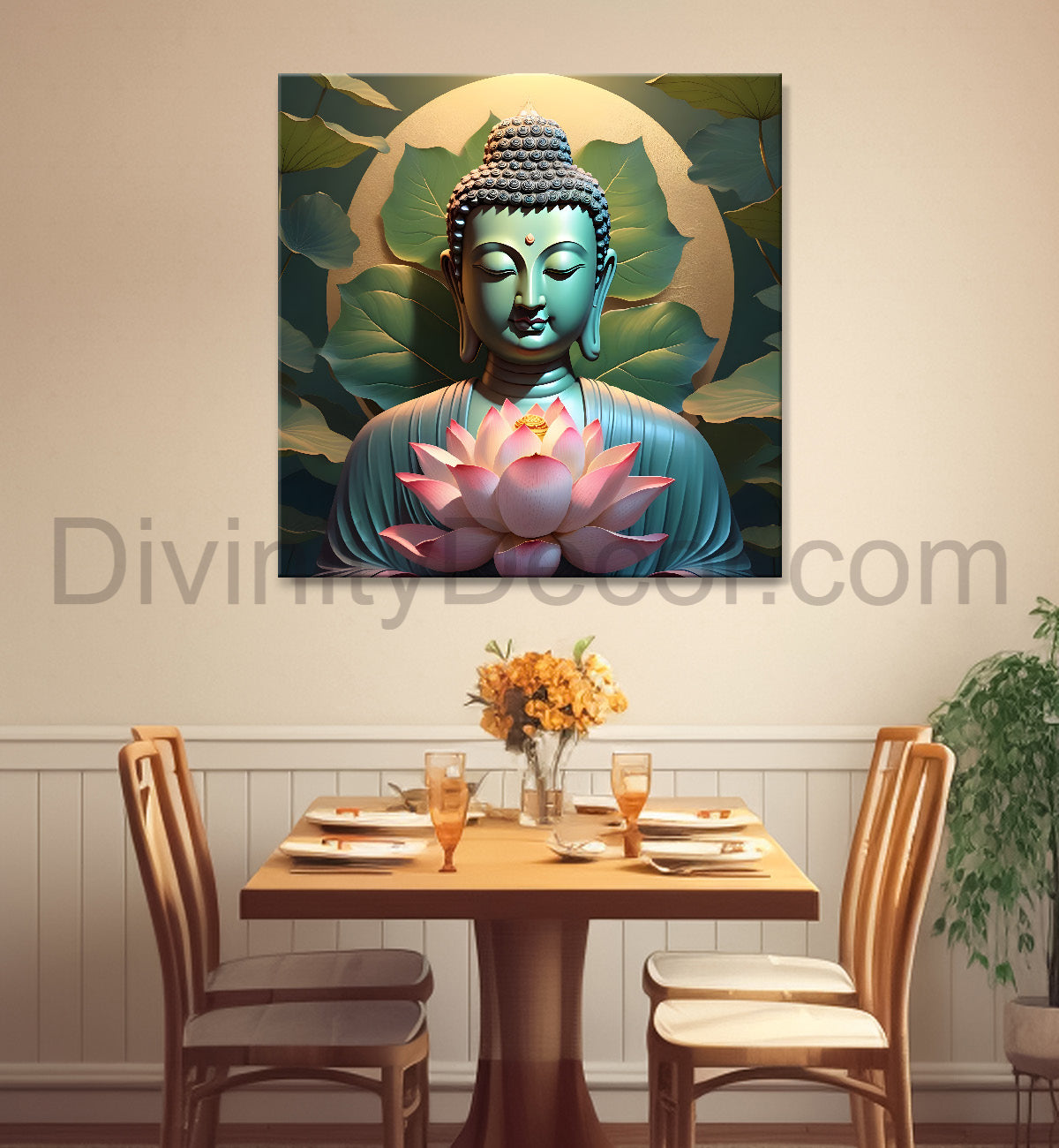 Buddha with lotuses in textured background 24x24 inch Buddha-S-201