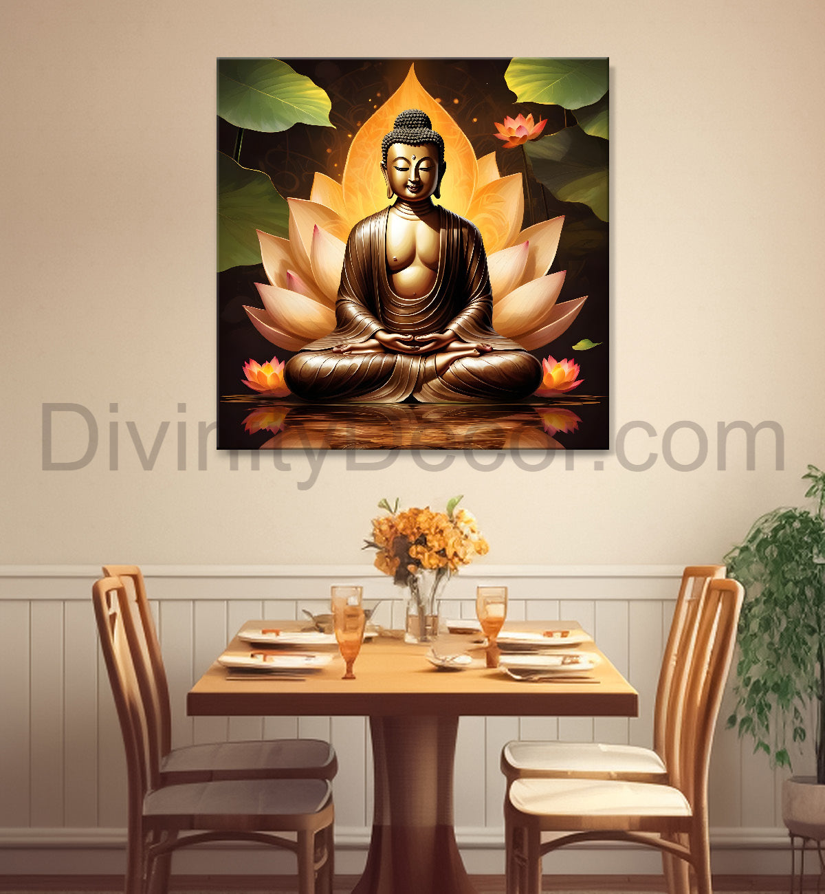 Golden buddha sitting on lotus textured background  24x24 inch Buddha-S-202