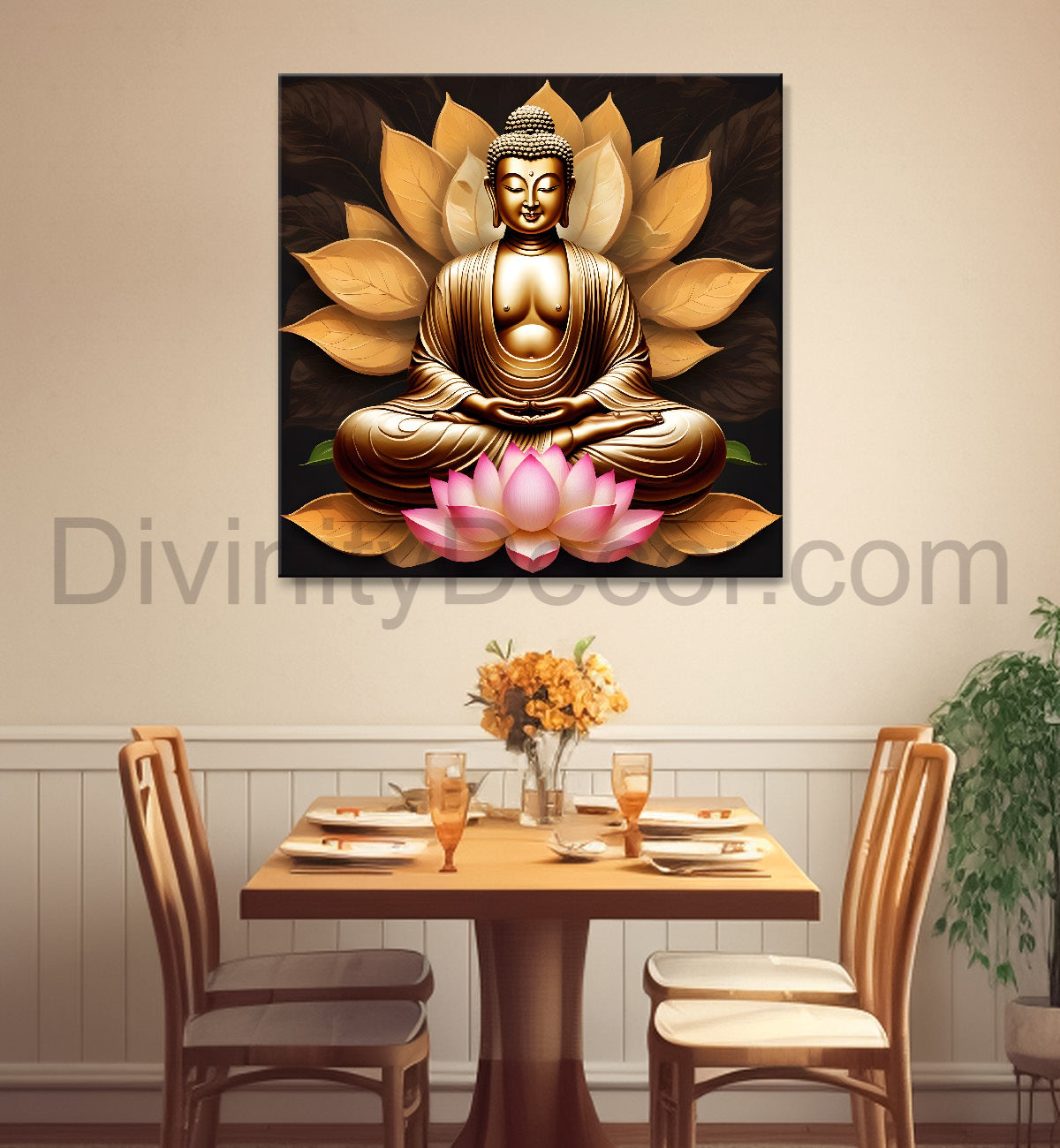 Golden buddha sitting on lotus textured background  24x24 inch Buddha-S-203