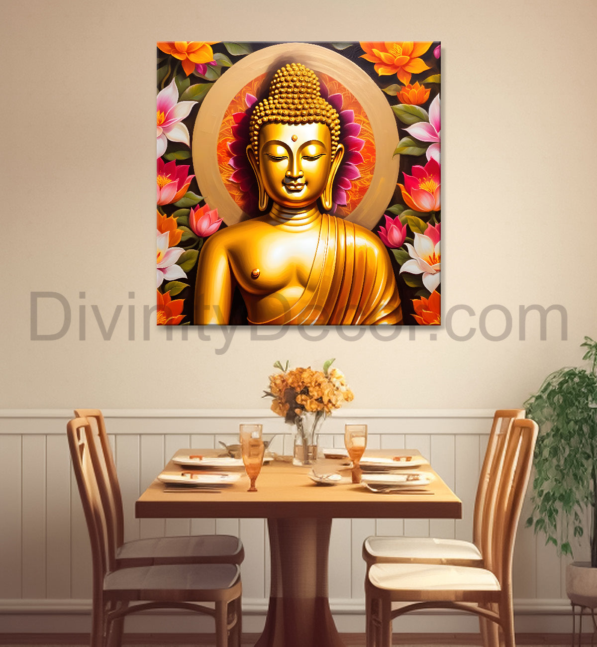 Golden buddha with lotuses background 24x24 inch Buddha-S-204