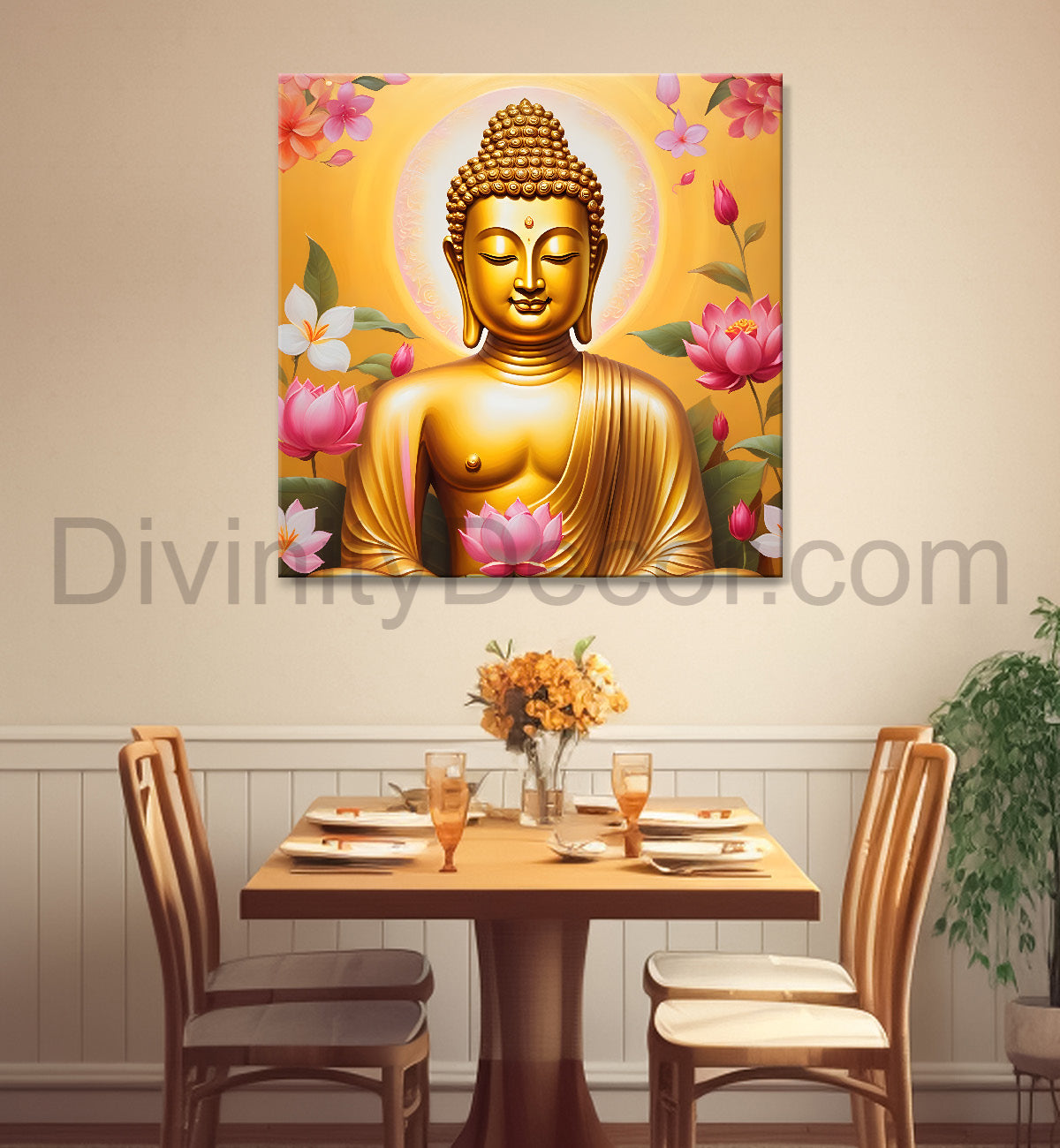 Golden buddha with lotuses background 24x24 inch Buddha-S-205