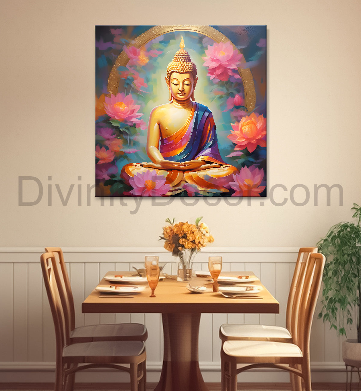 Golden buddha with lotuses background 24x24 inch Buddha-S-206