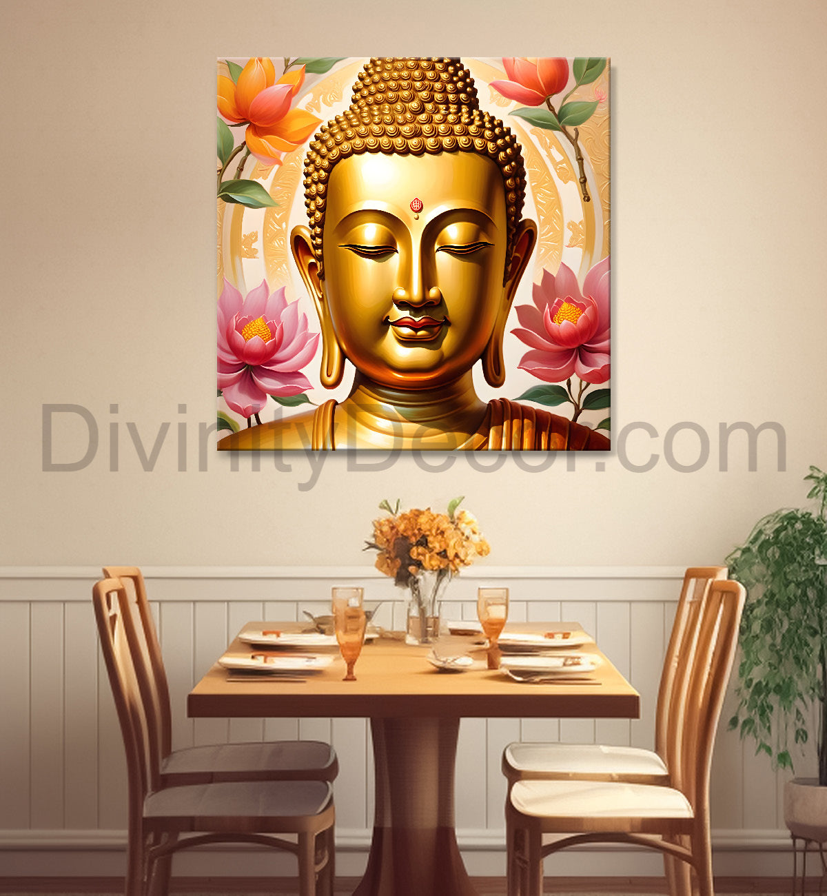Golden buddha with lotuses background 24x24 inch Buddha-S-207