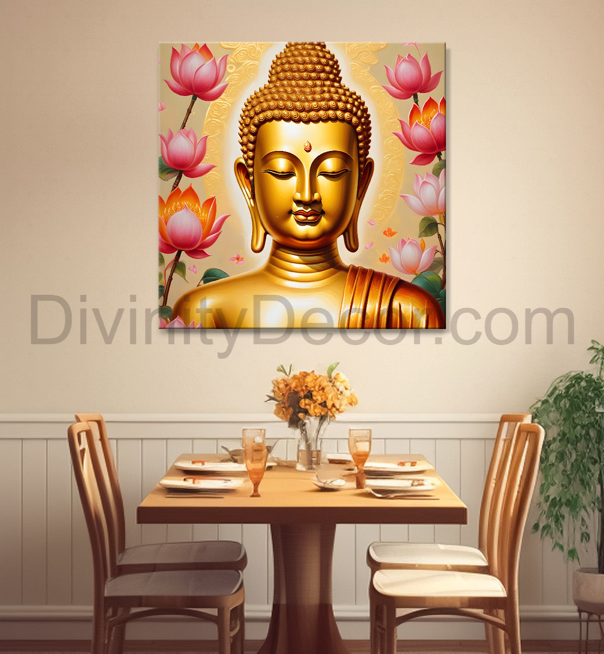 Golden buddha with lotuses background   24x24 inch Buddha-S-208