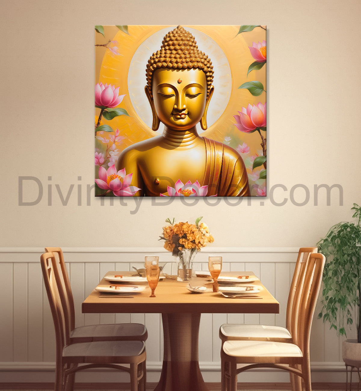 Golden buddha with lotuses background  24x24 inch Buddha-S-209
