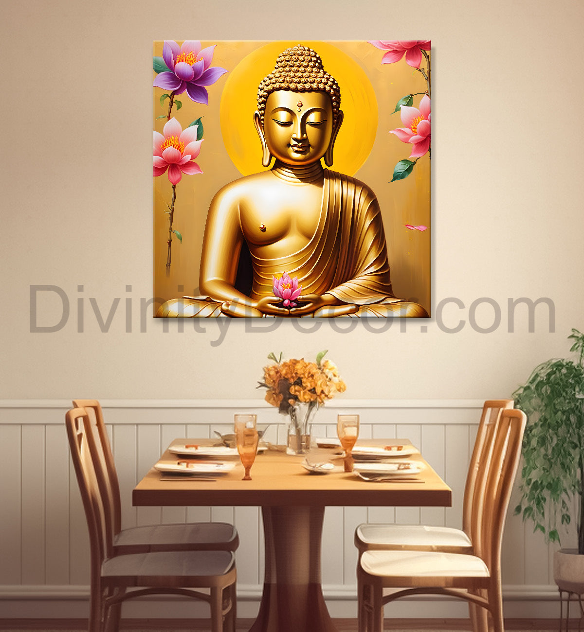 Golden buddha with lotuses background  24x24 inch Buddha-S-210