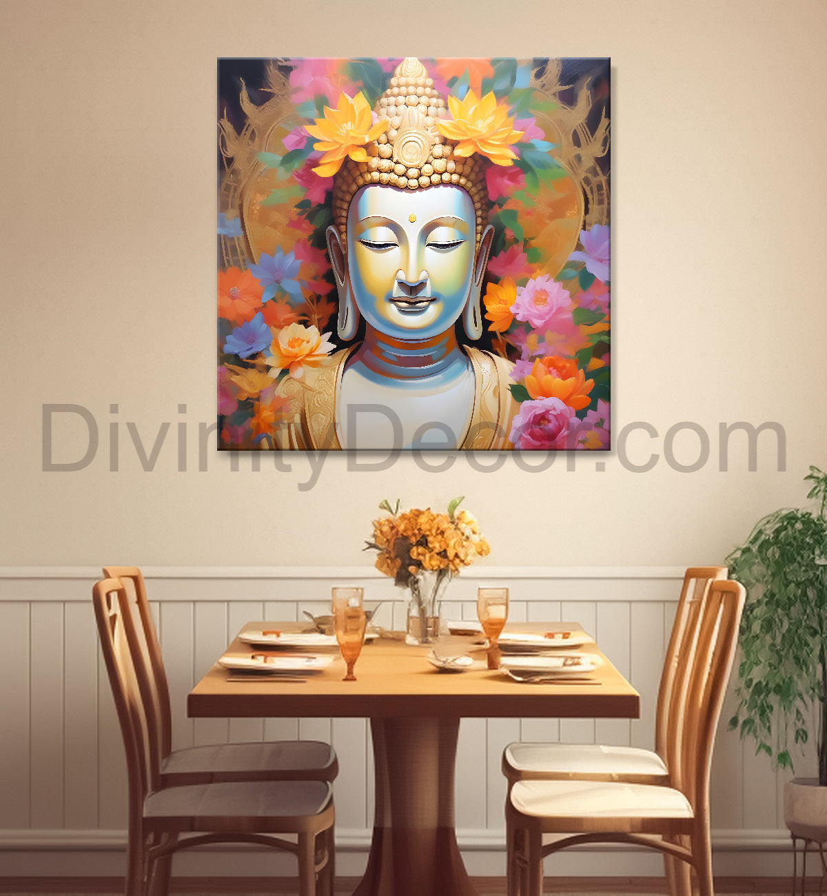 White face of buddha with lotuses background 24x24 inch Buddha-S-211