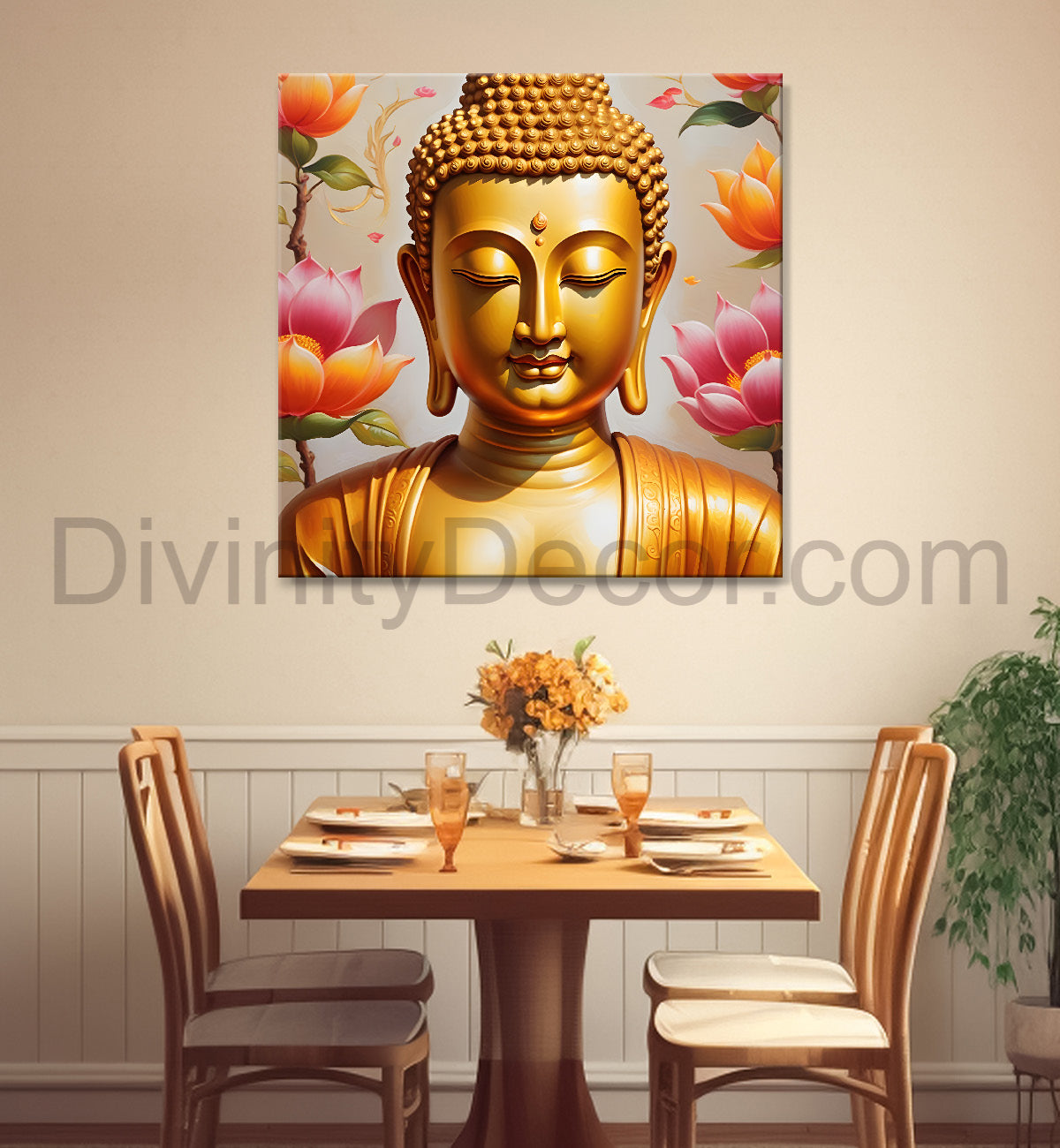 Golden buddha with lotuses background 24x24 inch Buddha-S-212