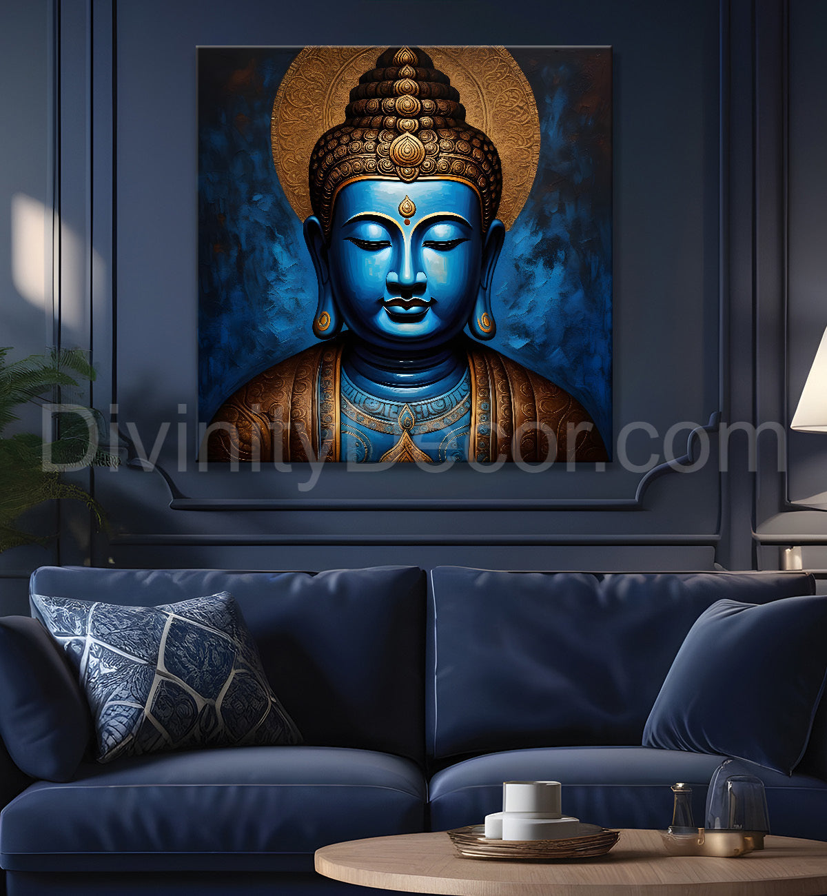 Golden buddha with blue background textured painting 24x24 inch Buddha-S-4
