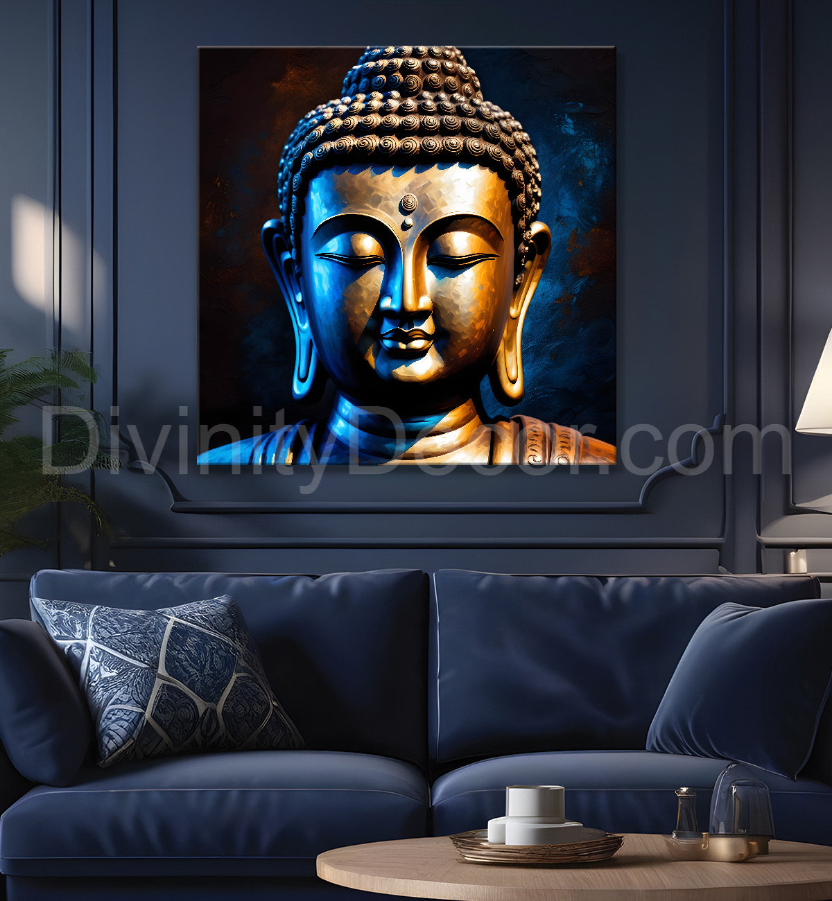 Golden buddha with blue background textured painting 24x24 inch Buddha-S-5