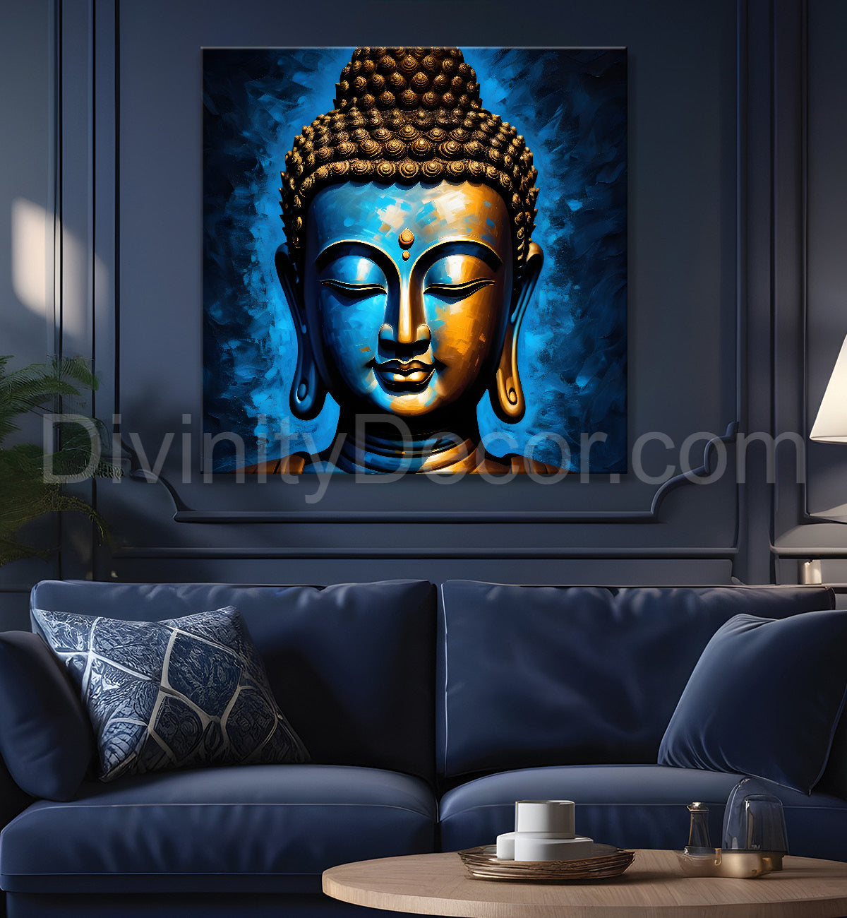 Golden buddha with blue background textured painting 24x24 inch Buddha-S-6