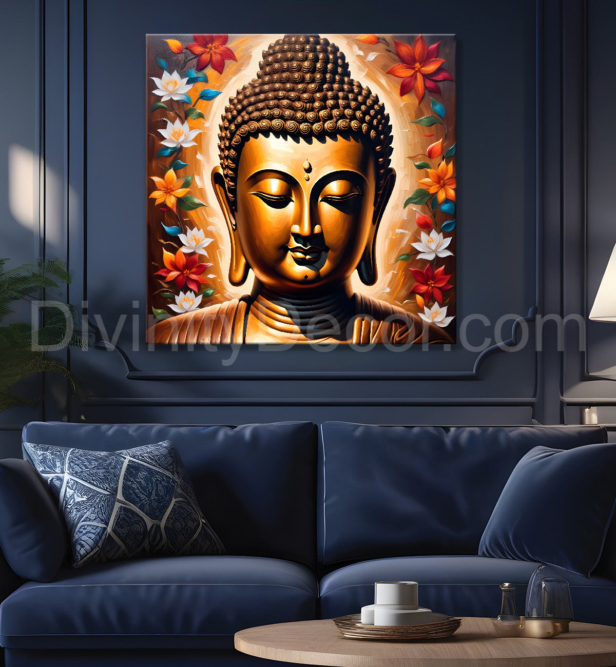 Golden buddha with multicolor flowers painting 24x24 inch Buddha-S-68