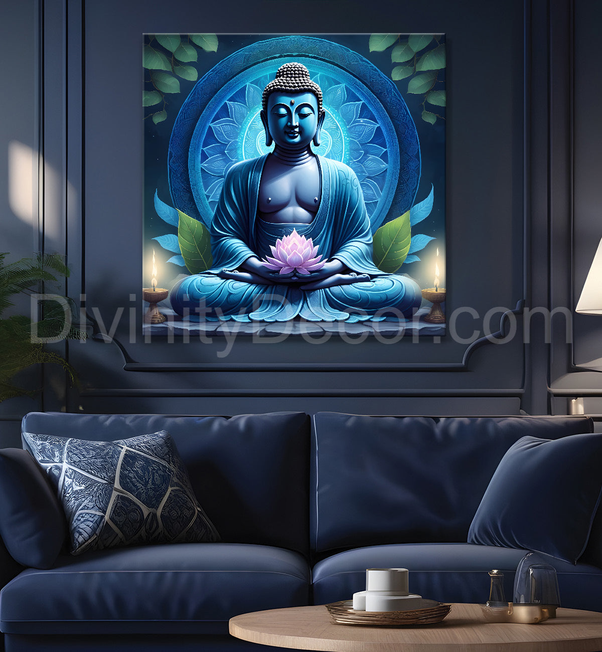 Dark Blue Buddha Painting with lotus flower 24x24 inch Buddha-S-73