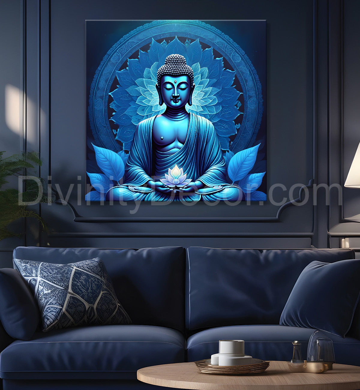 Dark Blue Buddha Painting with lotus flower 24x24 inch Buddha-S-74