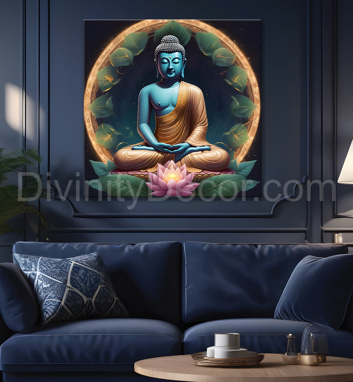 Dark green and blue buddha painting with lotus 24x24 inch Buddha-S-79