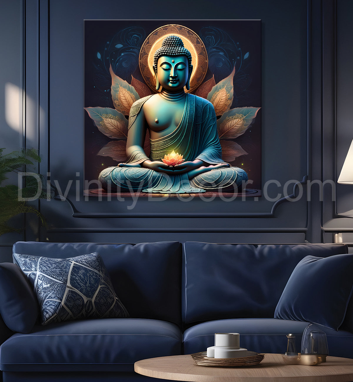 Dark green and blue buddha painting with lotus 24x24 inch Buddha-S-80