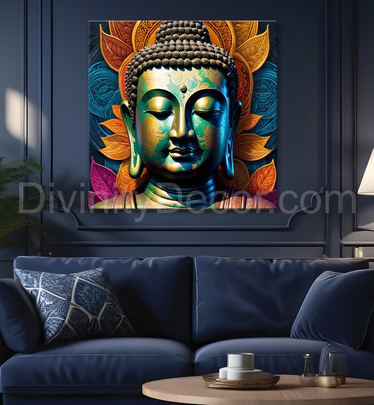 Dark green and blue buddha painting with lotus 24x24 inch Buddha-S-81