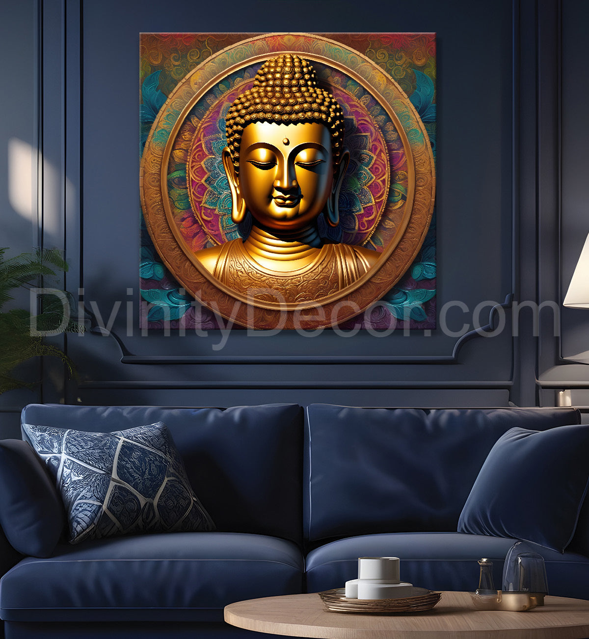 Dark green and blue buddha painting with lotus 24x24 inch Buddha-S-82