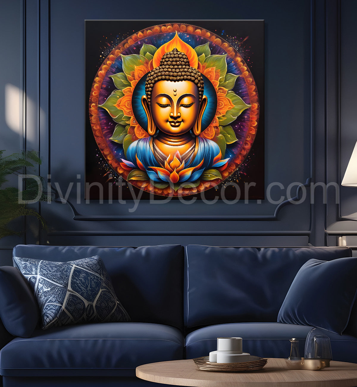Buddha painting Golden Blue Dark Mandala Floral 24x24 inch Buddha-S-97