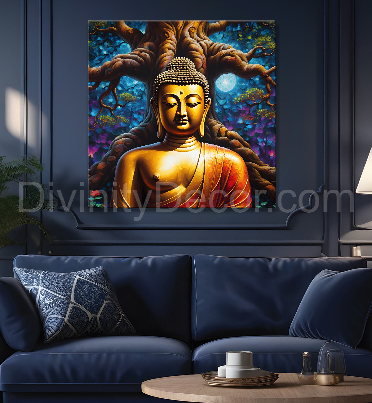 Golden Buddha painting with Dark Tree 24x24 inch Buddha-S-98