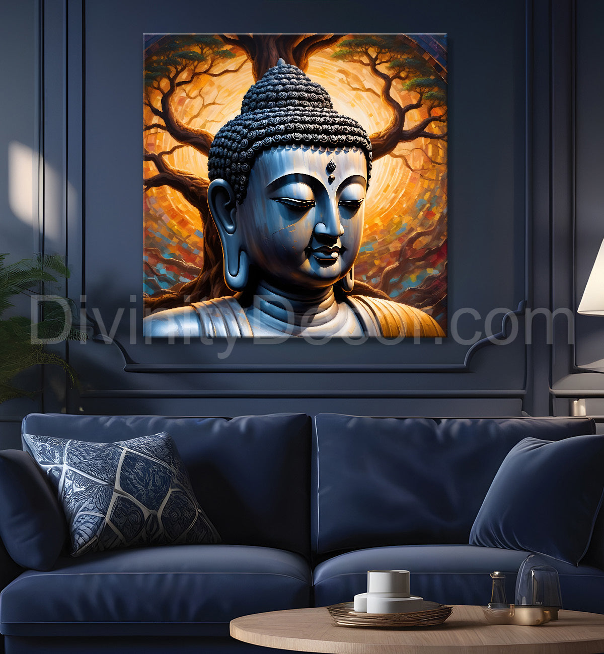 Metal Finish Buddha Painting with Tree 24x24 inch Buddha-S-99