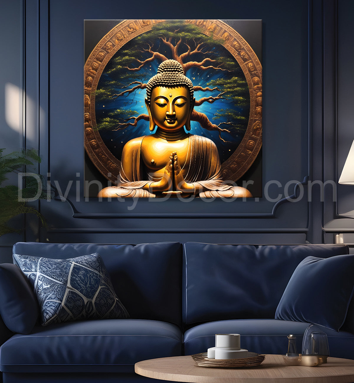 Golden Buddha Painting with Blue background with tree 24x24 inch Buddha-S-100