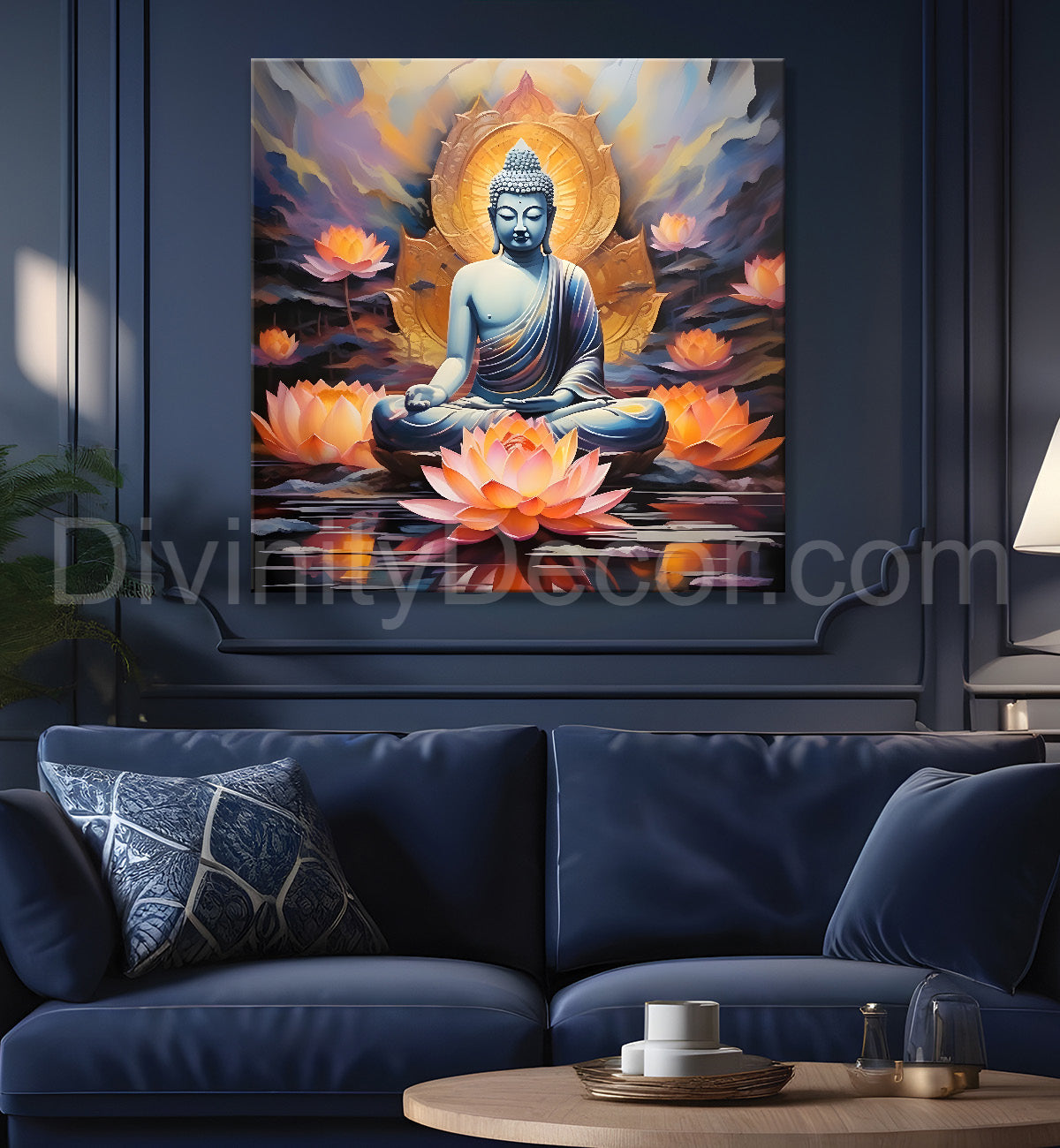 White Buddha painting with lotus flower 24x24 inch Buddha-S-102