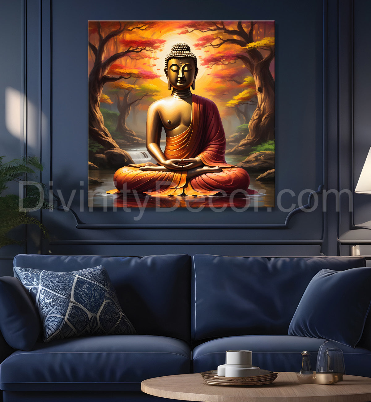Golden Buddha Sitting under the tree in forest Painting 24x24 inch Buddha-S-109