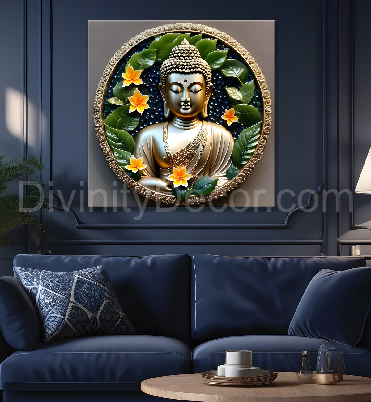 Lord Buddha with leaf and flower Rasin art marble finish Golden painting 24x24 inch Buddha-S-152
