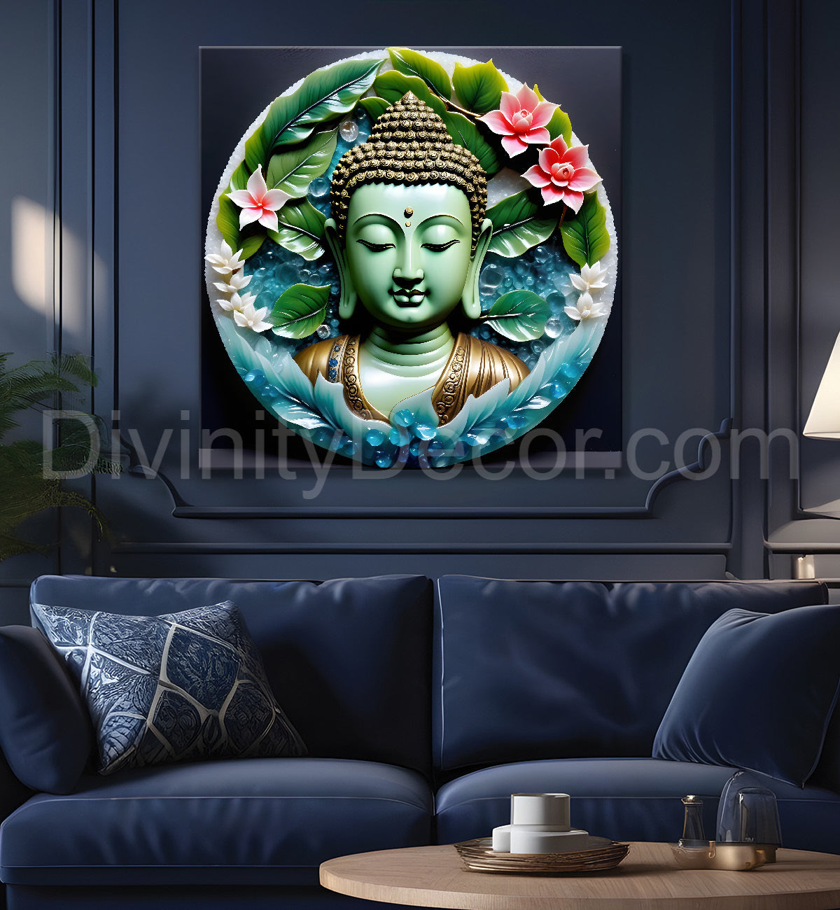 Lord Buddha with leaf and flower Rasin art marble finish Golden painting 24x24 inch Buddha-S-153