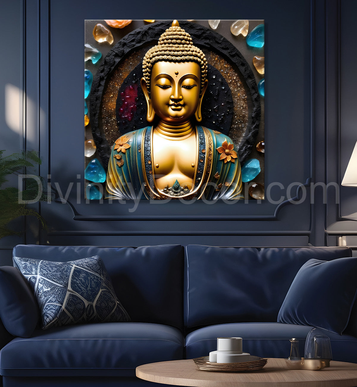 Lord Buddha with leaf and flower Rasin art marble finish Golden painting 24x24 inch Buddha-S-154