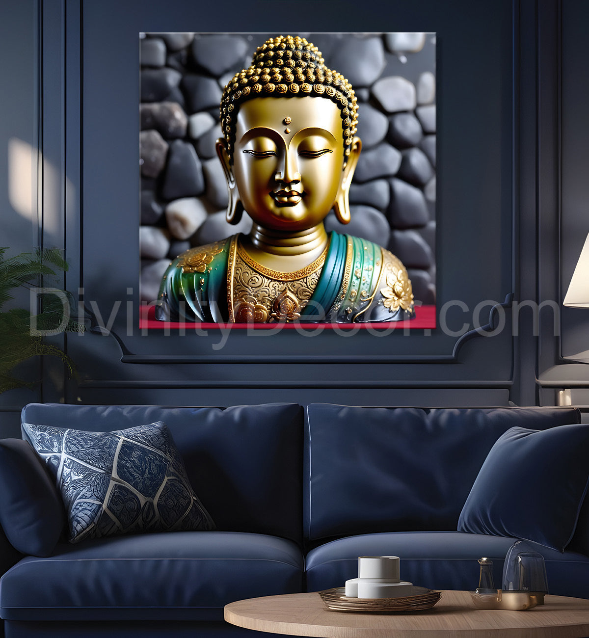 Lord Buddha with leaf and flower Rasin art marble finish Golden painting 24x24 inch Buddha-S-155