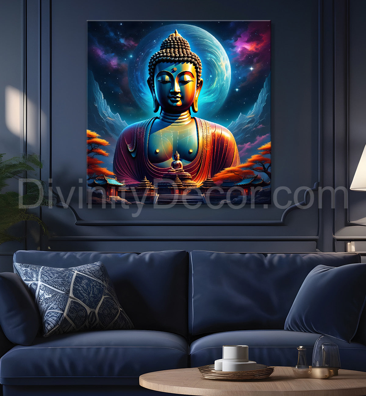 Golden buddha statue with cosmic light in background painting 24x24 inch Buddha-S-180