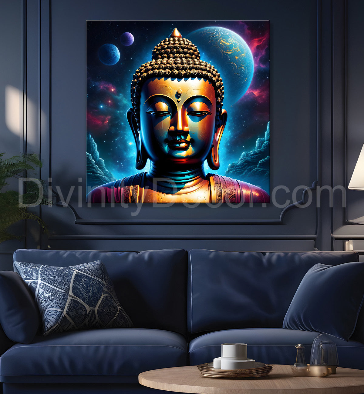 Golden buddha statue with cosmic light in background painting 24x24 inch Buddha-S-181
