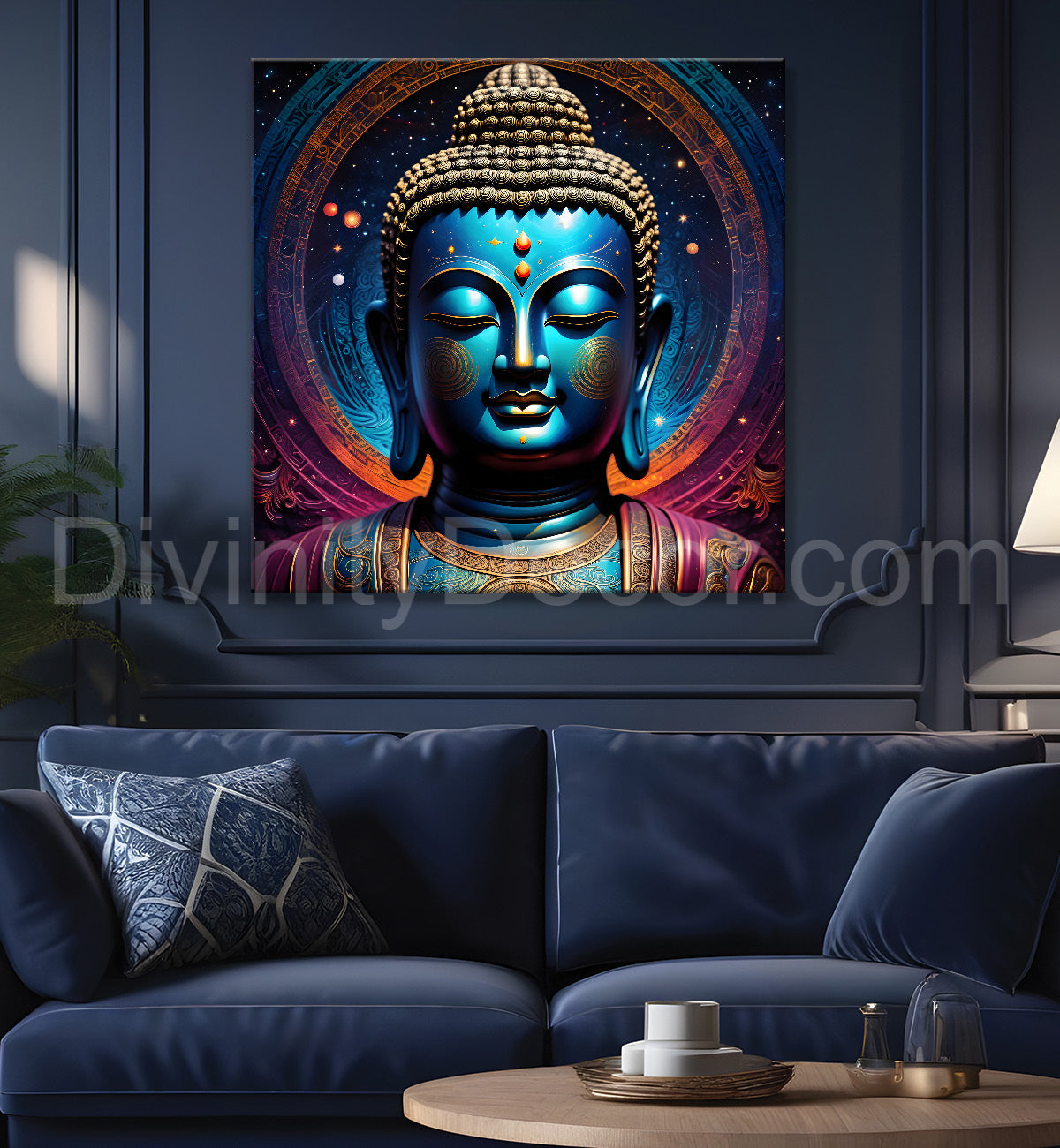 Golden buddha statue with cosmic light in background painting 24x24 inch Buddha-S-182
