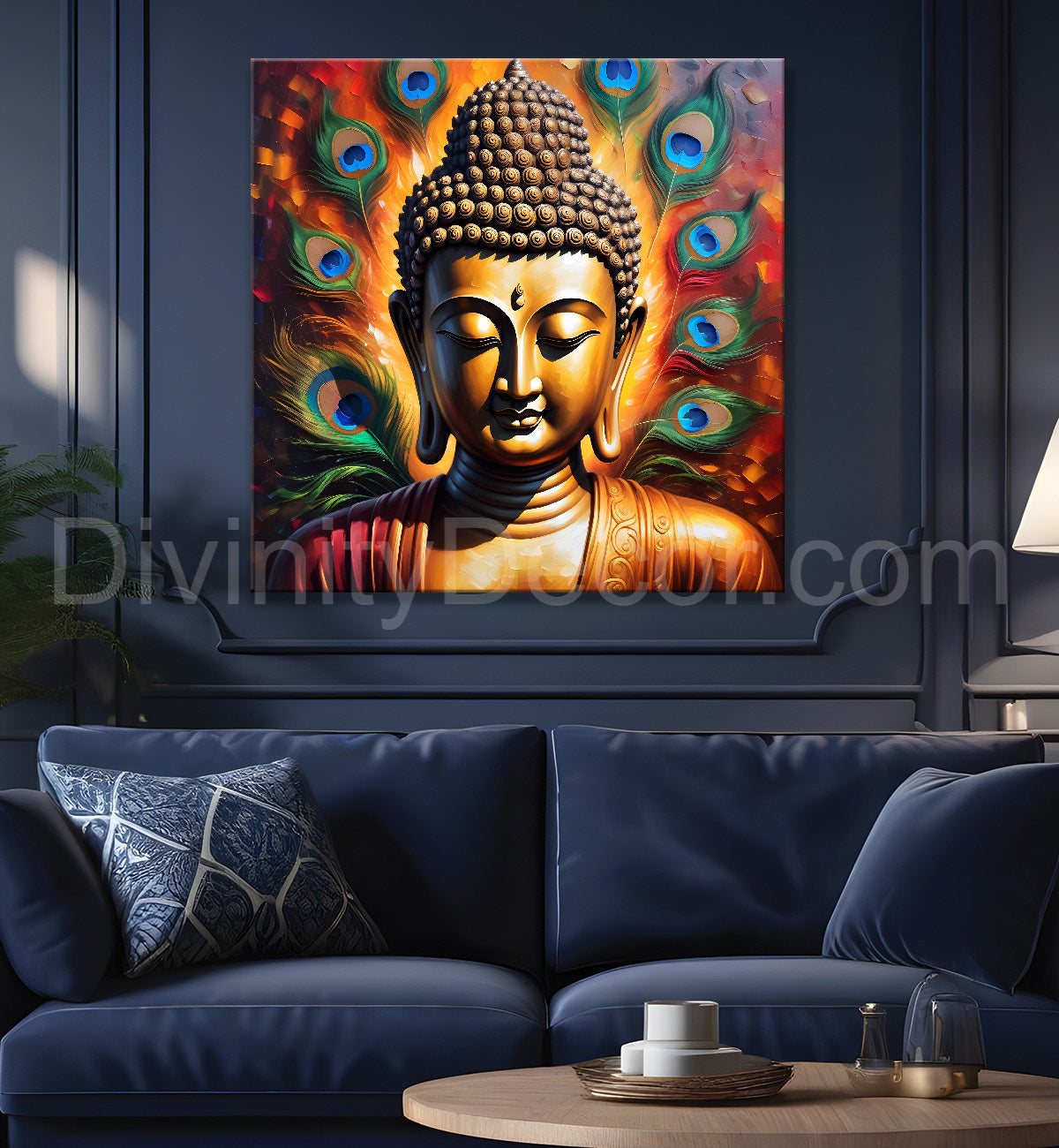 Buddha painting with peacock feather 24x24 inch Buddha-S-186