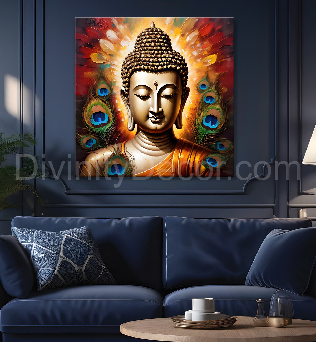 Buddha painting with peacock feather 24x24 inch Buddha-S-187