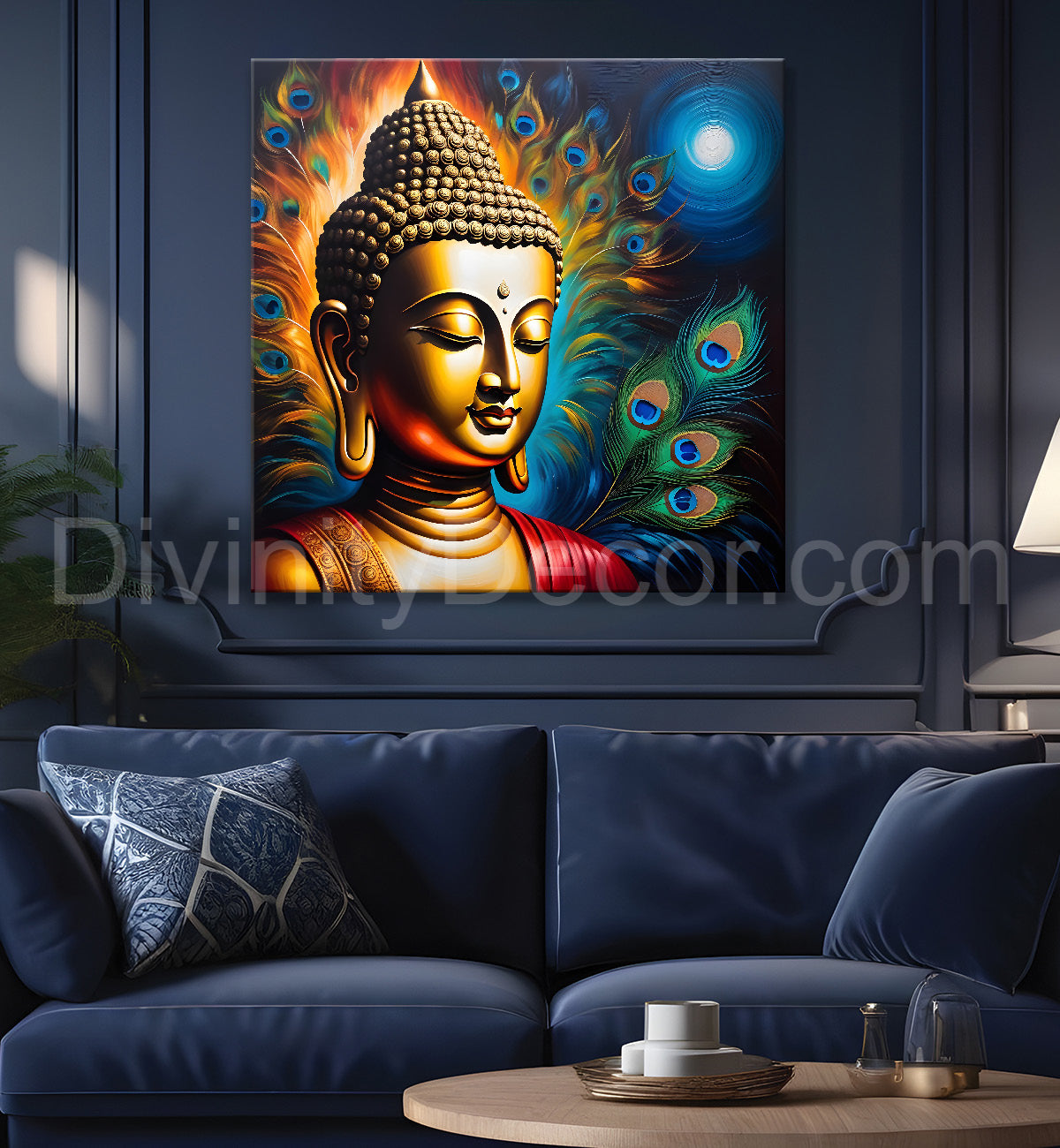 Buddha painting with peacock feather 24x24 inch Buddha-S-189