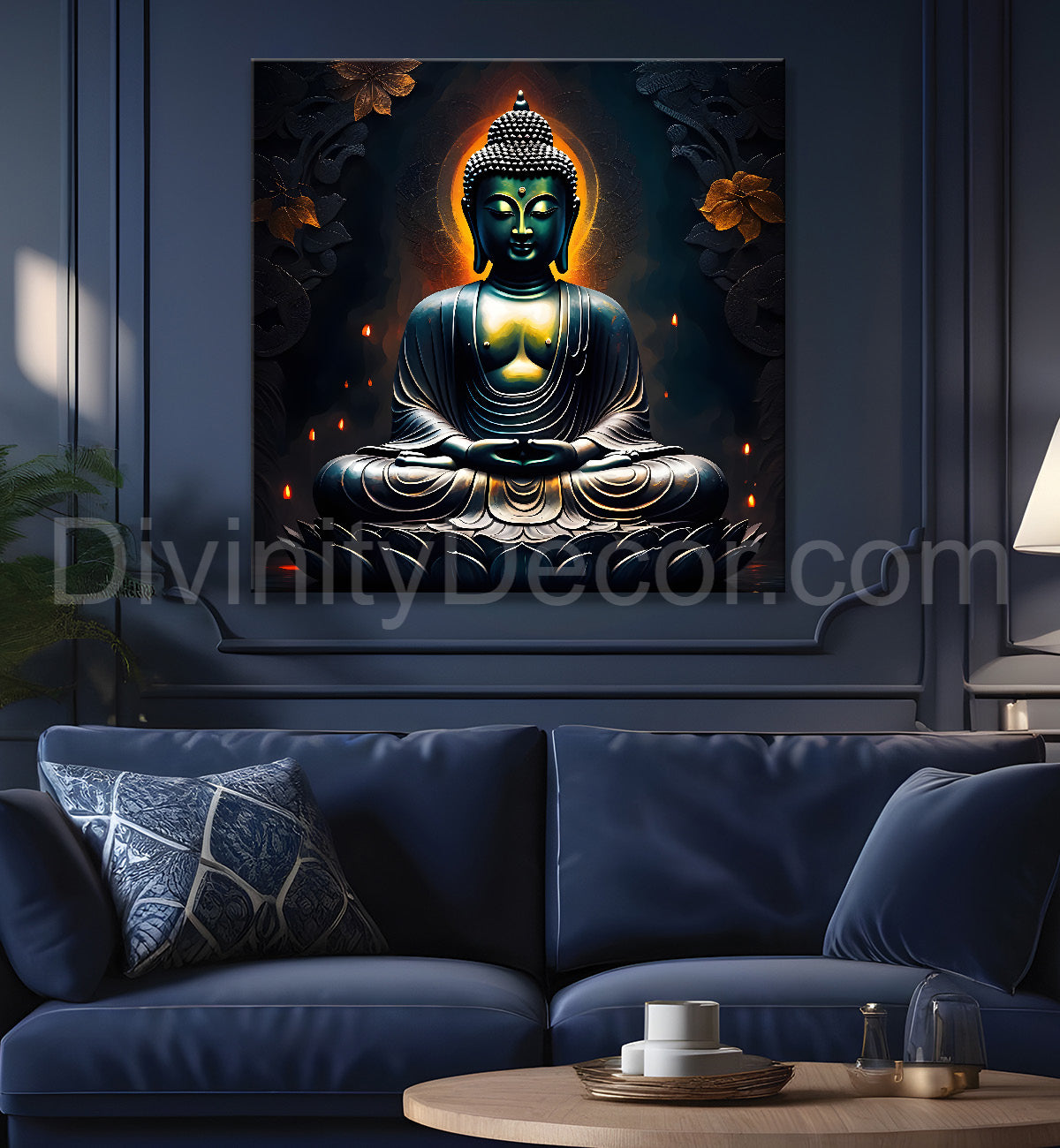 Black buddha with yellow chakra and dark background painting 24x24 inch Buddha-S-190