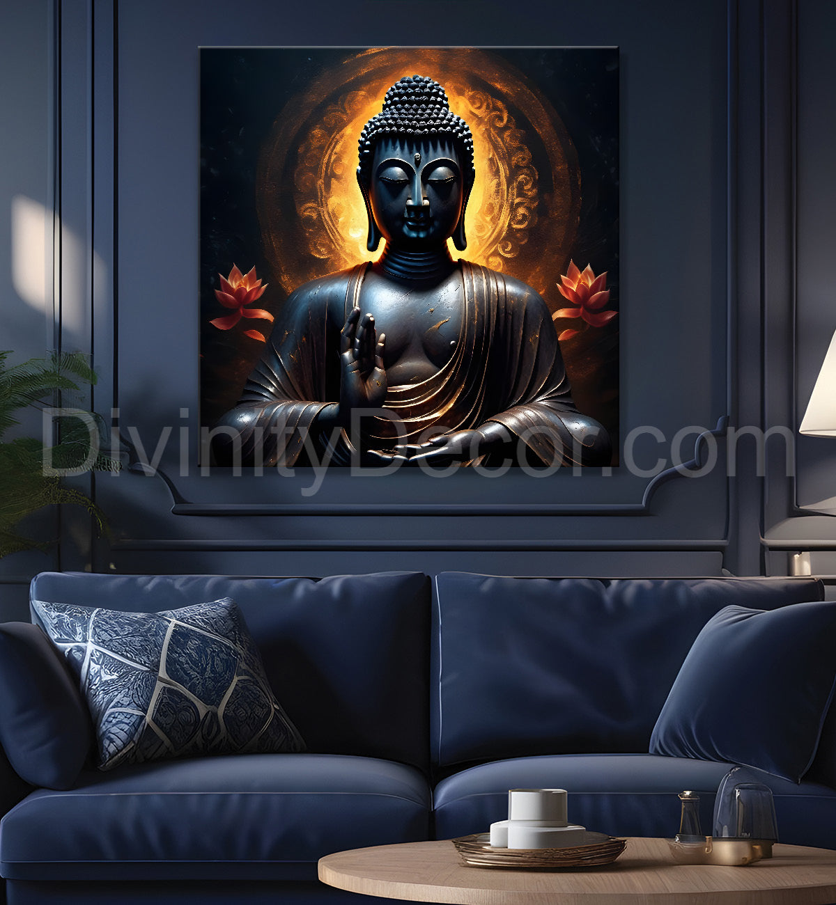 Black buddha with yellow chakra and dark background painting 24x24 inch Buddha-S-191