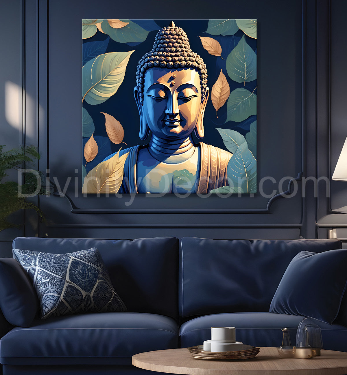 Buddha in navy blue and leaves background 24x24 inch Buddha-S-193
