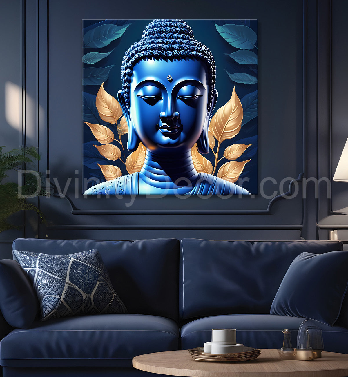 Blue buddha face in textured background  24x24 inch Buddha-S-195