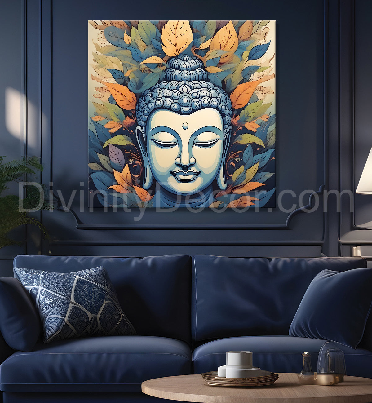 White face of buddha with orange leaves textured background  24x24 inch Buddha-S-196