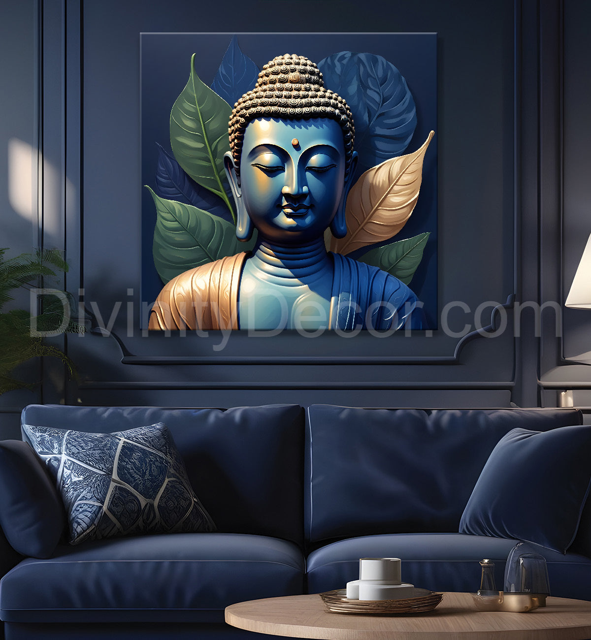 Blue buddha face in textured background  24x24 inch Buddha-S-197