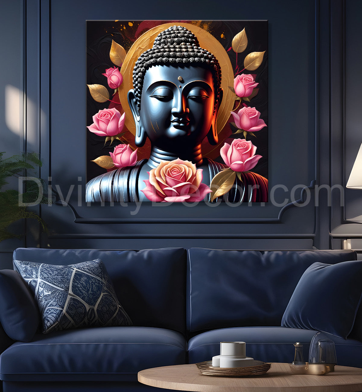 Buddha face with lotuses in textured background  24x24 inch Buddha-S-198