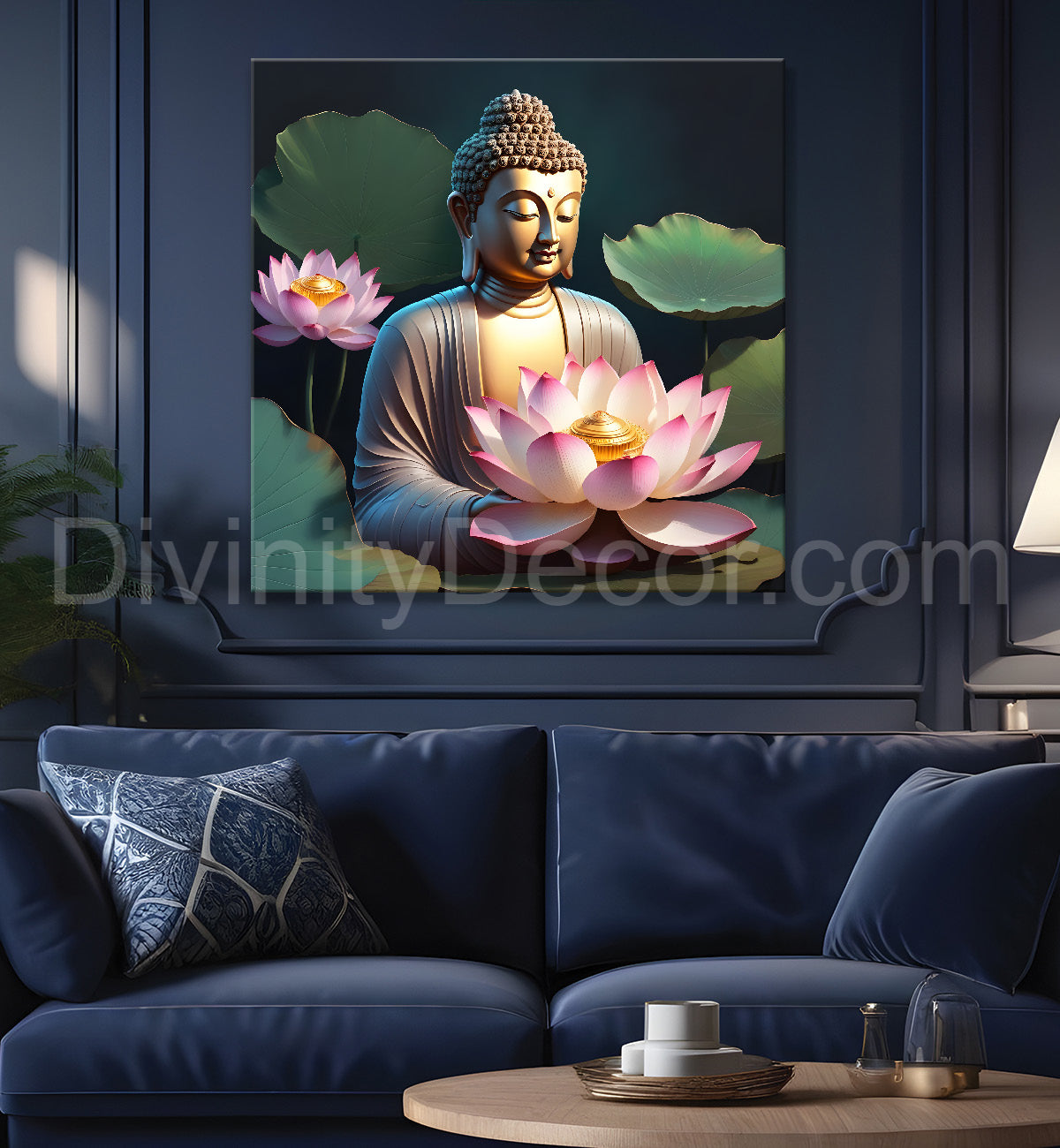 Buddha with lotuses in textured background 24x24 inch Buddha-S-200