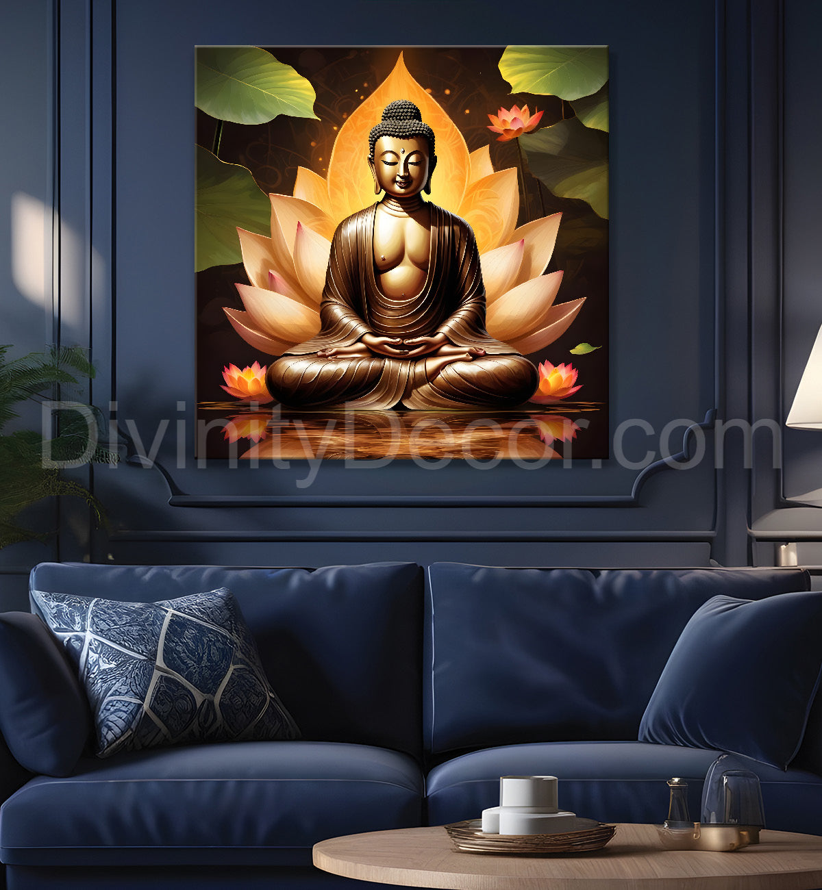 Golden buddha sitting on lotus textured background  24x24 inch Buddha-S-202